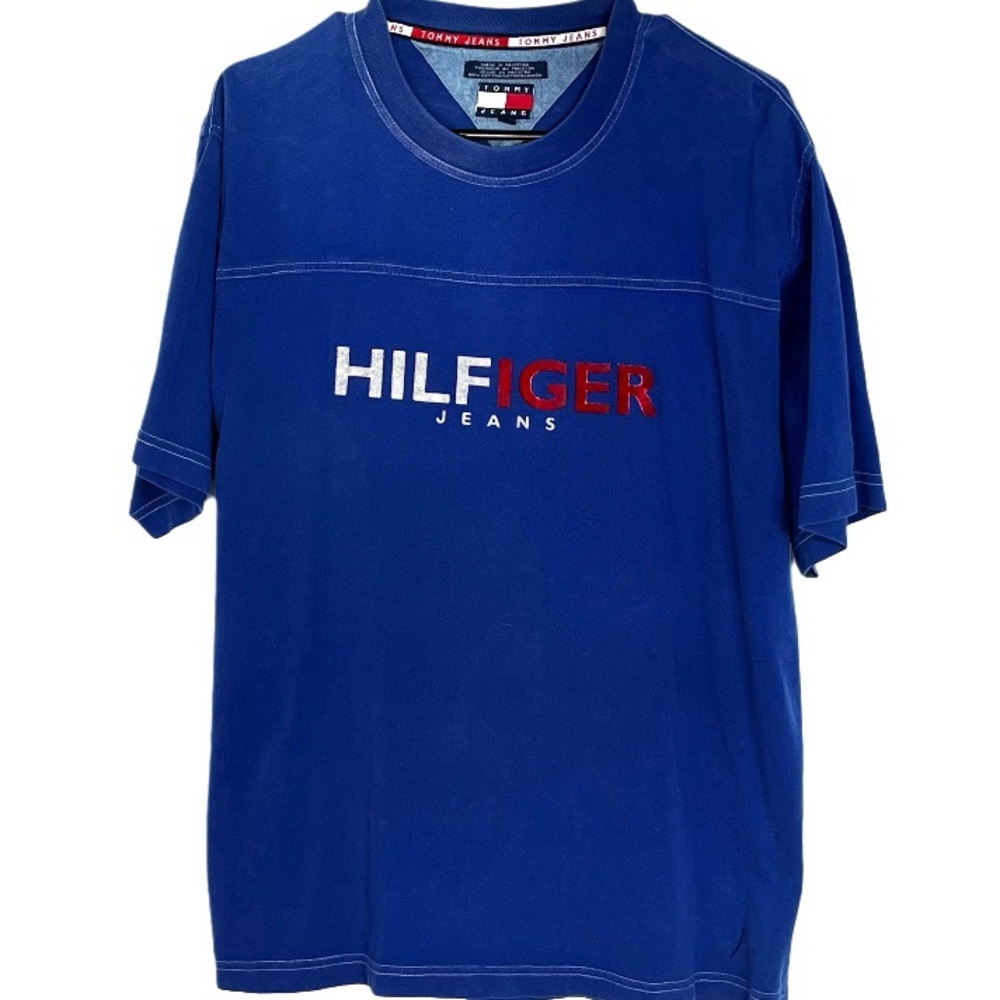 Vtg Tommy Hilfiger Men’s Y2K Tee Size L Blue Cotton Preppy Casual Bold Graphic